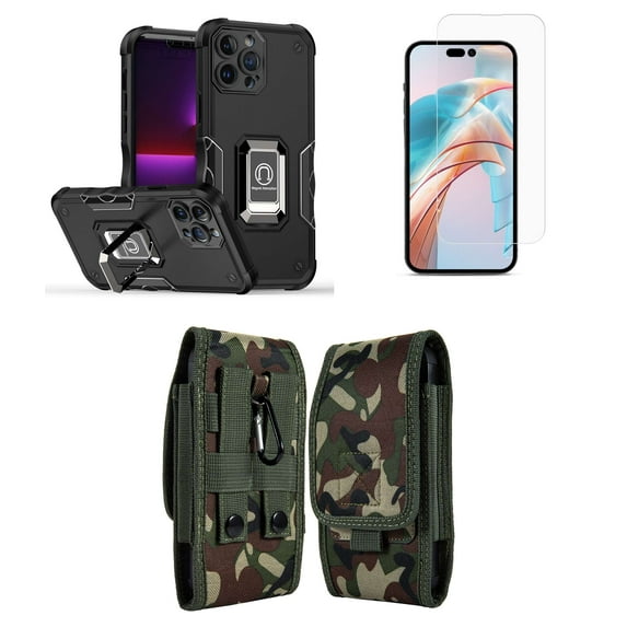 Bemz Phone Case for iPhone 15 with Camera Protection Heavy Duty Magnetic Kickstand Cover, Screen Protector, Vertical Nylon Belt Holster Pouch (Titanium Black/Jungle Camo)