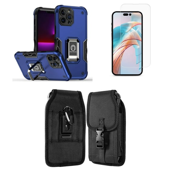 Bemz Phone Case for iPhone 15 with Camera Protection Heavy Duty Magnetic Kickstand Cover, Screen Protector, Vertical Release Buckle Belt Holster Pouch (Cobalt Blue)