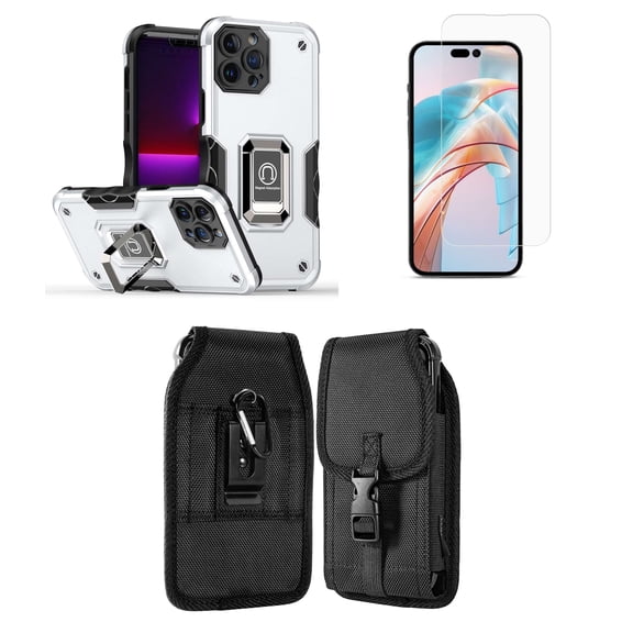 Bemz Phone Case for iPhone 15 with Camera Protection Heavy Duty Magnetic Kickstand Cover, Screen Protector, Vertical Release Buckle Belt Holster Pouch (Lunar Silver)