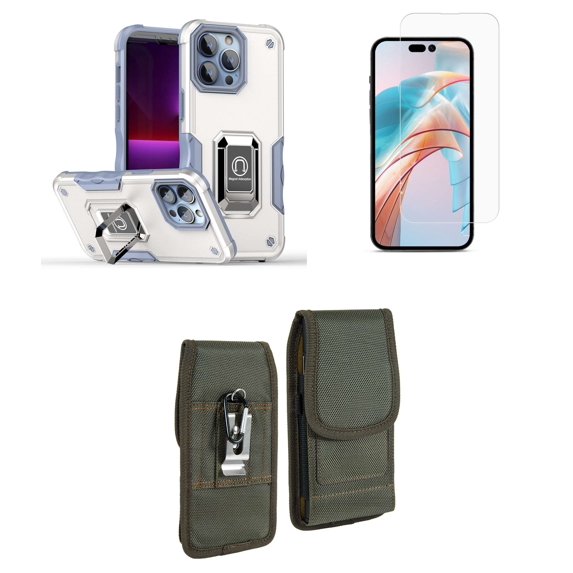 Bemz Phone Case for iPhone 15 with Camera Protection Heavy Duty Magnetic Kickstand Cover, Screen Protector, Vertical Rugged Nylon Belt Holster Pouch (Titanium White/Green)