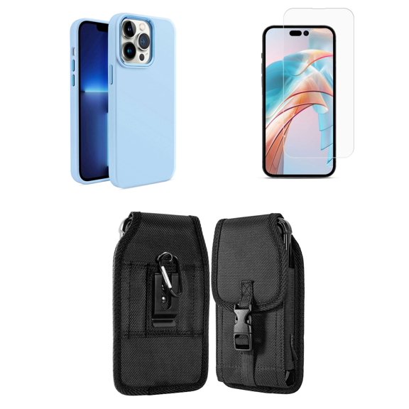 Bemz Phone Case for iPhone 15 - Liquid TPU Silicone (Metal Buttons/Camera Edges) Protection Cover, Screen Protector, Vertical Release Buckle Belt Holster Pouch (Sky Blue)