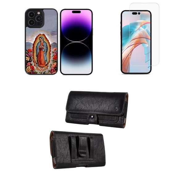 Bemz Phone Case for iPhone 15 Plus Bundle with Lightweight Shockproof Scratch Resistant UV Print Protective TPU Cover, Glass Screen Protector, Horizontal PU Leather Belt Holster Pouch (Virgin Mary)