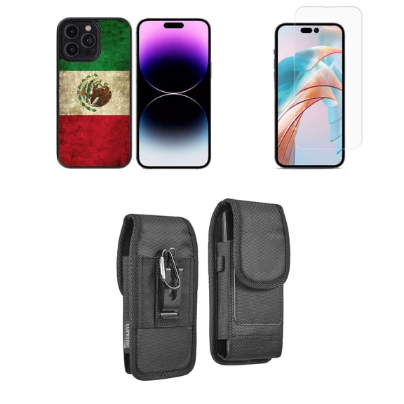 Bemz Phone Case for iPhone 15 Plus Bundle with Lightweight Shockproof Scratch Resistant UV Print Protective TPU Cover, Glass Screen Protector, Vertical Rugged Nylon Belt Holster Pouch (Mexico Flag)