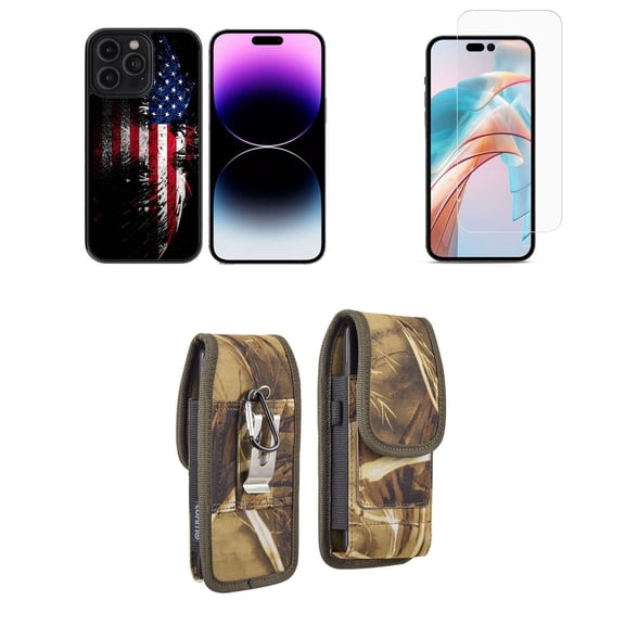 Bemz Phone Case for iPhone 15 Plus Bundle with Lightweight Shockproof Scratch Resistant UV Print Protective TPU Cover, Screen Protector, Vertical Nylon Belt Holster Pouch (American Flag Eagle)