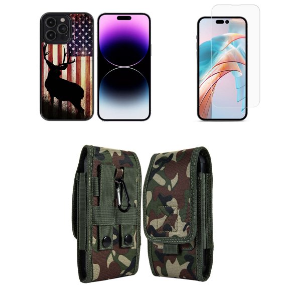 Bemz Phone Case for iPhone 15 Plus Bundle with Lightweight Shockproof Scratch Resistant UV Print Protective TPU Cover, Screen Protector, Vertical Nylon Belt Holster Pouch (American Deer)