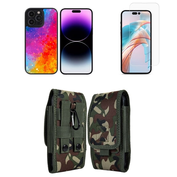 Bemz Phone Case for iPhone 15 Plus Bundle with Lightweight Shockproof Scratch Resistant UV Print Protective TPU Cover, Screen Protector, Vertical Nylon Belt Holster Pouch (Galaxy Splash)