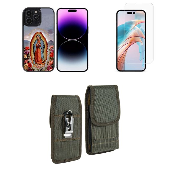 Bemz Phone Case for iPhone 15 Plus Bundle with Lightweight Shockproof Scratch Resistant UV Print Protective TPU Cover, Screen Protector, Vertical Rugged Nylon Belt Holster Pouch (Virgin Mary)