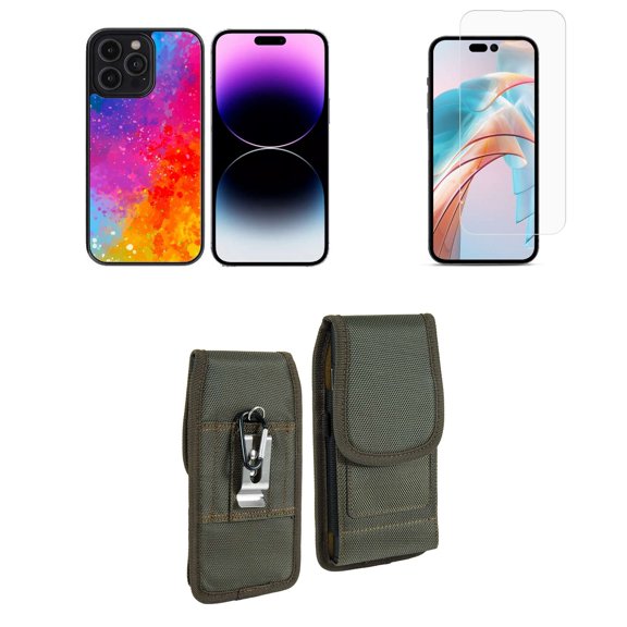 Bemz Phone Case for iPhone 15 Plus Bundle with Lightweight Shockproof Scratch Resistant UV Print Protective TPU Cover, Screen Protector, Vertical Rugged Nylon Belt Holster Pouch (Galaxy Splash)