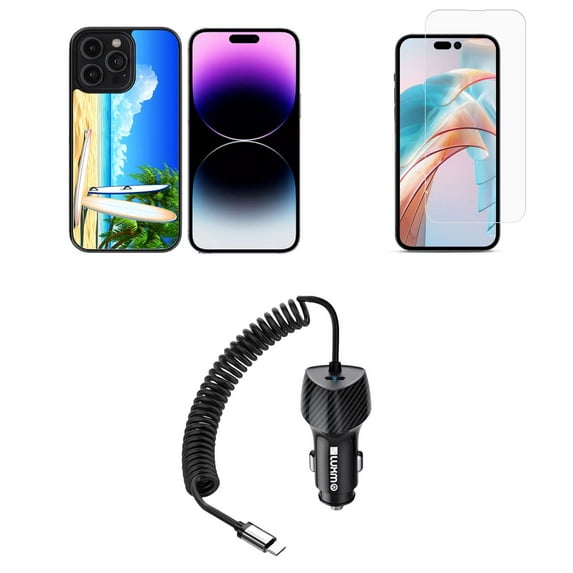 Bemz Phone Case for iPhone 15 Plus Bundle with Shockproof Anti-Scratch UV Print Protection TPU Cover, Glass Screen Protector, 40W Car Charger (USB-C Port) - 5 Foot (Beach Paradise Surf Boards)