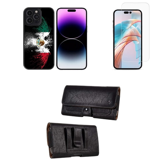 Bemz Phone Case for iPhone 15 Plus Bundle with Shockproof Anti-Scratch UV Print Protection TPU Cover, Glass Screen Protector, Horizontal PU Leather Belt Holster Pouch (Mexico Eagle)