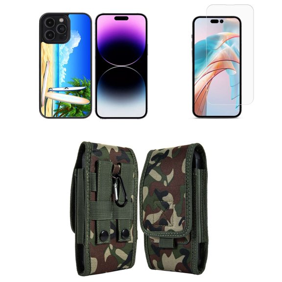 Bemz Phone Case for iPhone 15 Plus Bundle with Shockproof Anti-Scratch UV Print Protection TPU Cover, Screen Protector, Vertical Nylon Belt Holster Pouch (Beach Paradise Surf Boards)