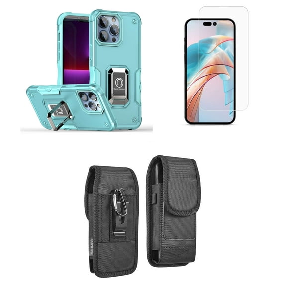 Bemz Phone Case for iPhone 15 Plus with Camera Protection Heavy Duty Magnetic Kickstand Cover, Glass Screen Protector, Vertical Rugged Nylon Belt Holster Pouch (Mint Teal)