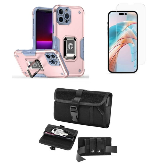 Bemz Phone Case for iPhone 15 Plus with Camera Protection Heavy Duty Magnetic Kickstand Cover, Screen Protector, Horizontal Buckle Belt Holster Travel Pouch (Titanium Pink Gray)