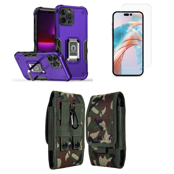 Bemz Phone Case for iPhone 15 Plus with Camera Protection Heavy Duty Magnetic Kickstand Cover, Screen Protector, Vertical Nylon Belt Holster Pouch (Dark Purple/Jungle Camo)