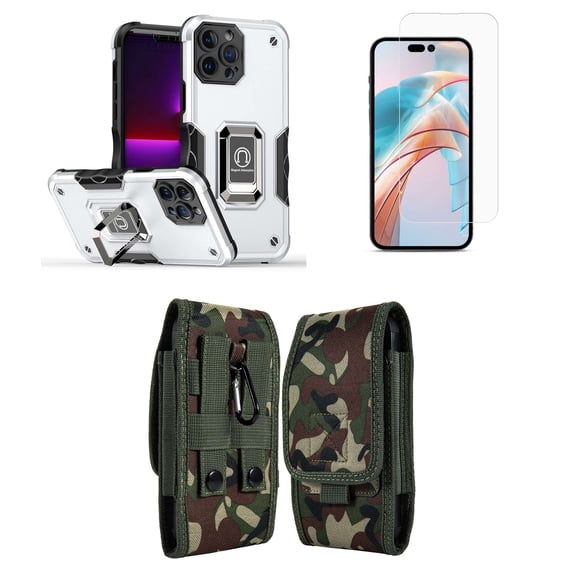 Bemz Phone Case for iPhone 15 Plus with Camera Protection Heavy Duty Magnetic Kickstand Cover, Screen Protector, Vertical Nylon Belt Holster Pouch (Lunar Silver/Jungle Camo)