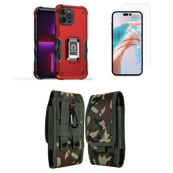 Bemz Phone Case for iPhone 15 Plus with Camera Protection Heavy Duty Magnetic Kickstand Cover, Screen Protector, Vertical Nylon Belt Holster Pouch (Titanium Red/Jungle Camo)