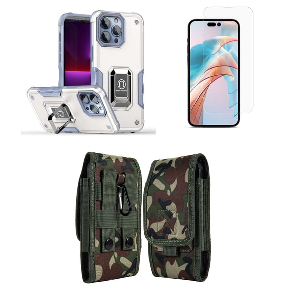 Bemz Phone Case for iPhone 15 Plus with Camera Protection Heavy Duty Magnetic Kickstand Cover, Screen Protector, Vertical Nylon Belt Holster Pouch (Titanium White/Jungle Camo)