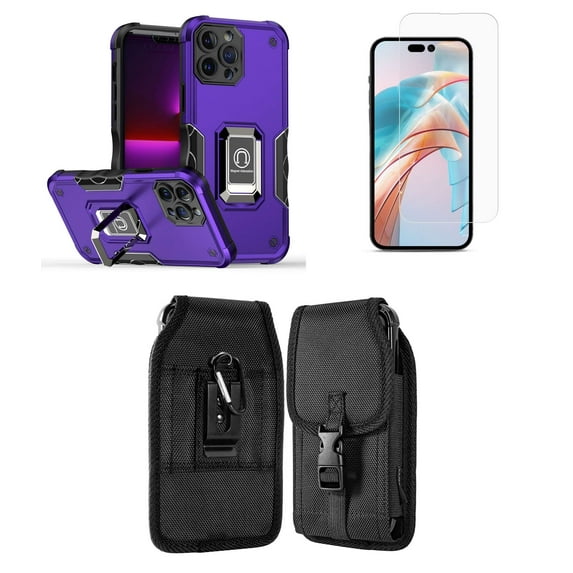 Bemz Phone Case for iPhone 15 Plus with Camera Protection Heavy Duty Magnetic Kickstand Cover, Screen Protector, Vertical Release Buckle Belt Holster Pouch (Dark Purple)