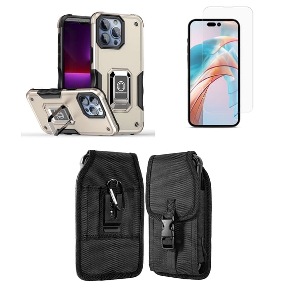 Bemz Phone Case for iPhone 15 Plus with Camera Protection Heavy Duty Magnetic Kickstand Cover, Screen Protector, Vertical Release Buckle Belt Holster Pouch (Titanium Gold)