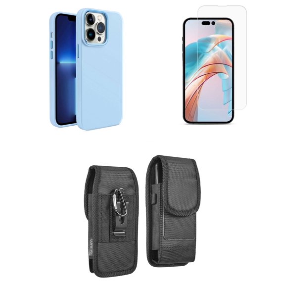 Bemz Phone Case for iPhone 15 Plus - Liquid TPU Silicone (Metal Buttons/Camera Edges) Protection Cover, Glass Screen Protector, Vertical Rugged Nylon Belt Holster Pouch (Sky Blue)