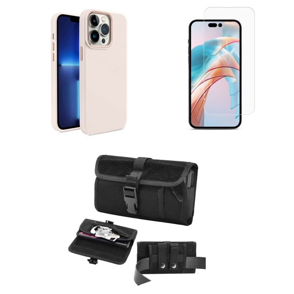 Bemz Phone Case for iPhone 15 Plus - Liquid TPU Silicone (Metal Buttons/Camera Edges) Protection Cover, Screen Protector, Horizontal Secure Buckle Belt Holster Travel Pouch (Beige)