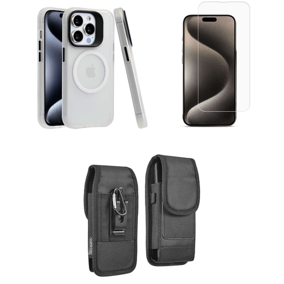 Bemz Phone Case for iPhone 15 Plus with Shockproof Protective Wireless Charging Ring Cover, Screen Protector, Vertical Rugged Nylon Belt Holster Clip Pouch (Clear White)