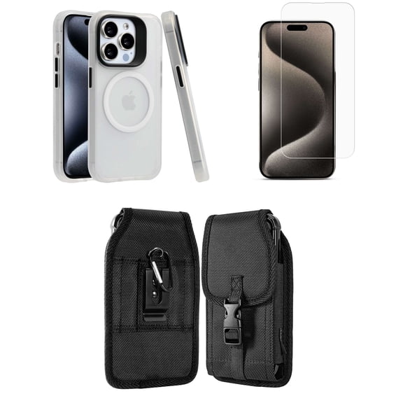 Bemz Phone Case for iPhone 15 Plus with Shockproof Protective Wireless Charging Ring Cover, Screen Protector, Vertical Rugged Release Buckle Belt Holster Clip Pouch (Clear White)