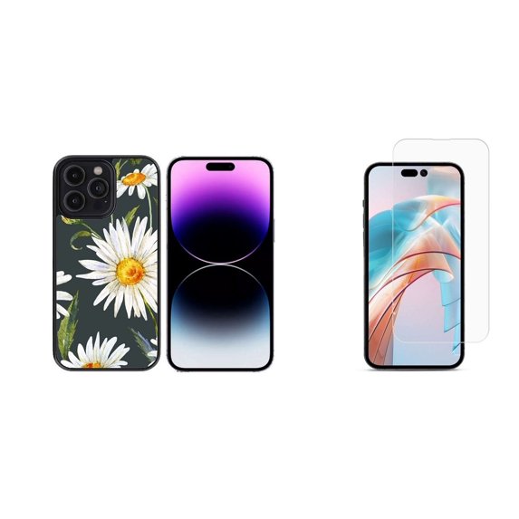 Bemz Phone Case for iPhone 15 Plus with Tempered Glass Screen Protector, Lightweight Shockproof Scratch Resistant UV Print Protective TPU Cover (Daisies)