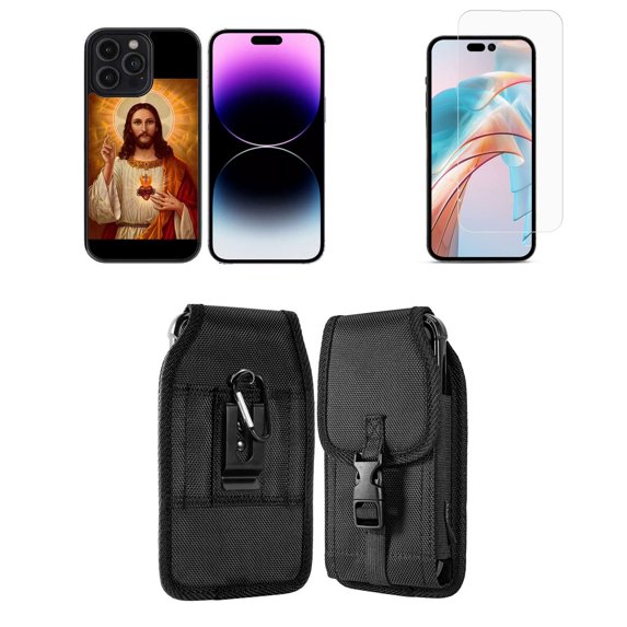 Bemz Phone Case for iPhone 15 Pro Bundle with Lightweight Shockproof Scratch Resistant UV Print Protective TPU Cover, Screen Protector, Vertical Release Buckle Belt Holster Pouch (Jesus Christ)