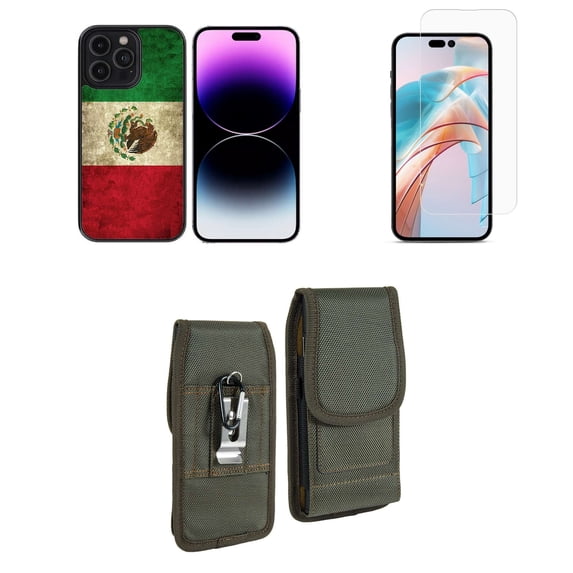 Bemz Phone Case for iPhone 15 Pro Bundle with Lightweight Shockproof Scratch Resistant UV Print Protective TPU Cover, Screen Protector, Vertical Rugged Nylon Belt Holster Pouch (Mexico Flag)