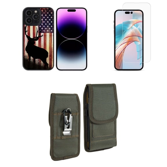 Bemz Phone Case for iPhone 15 Pro Bundle with Lightweight Shockproof Scratch Resistant UV Print Protective TPU Cover, Screen Protector, Vertical Rugged Nylon Belt Holster Pouch (American Deer)