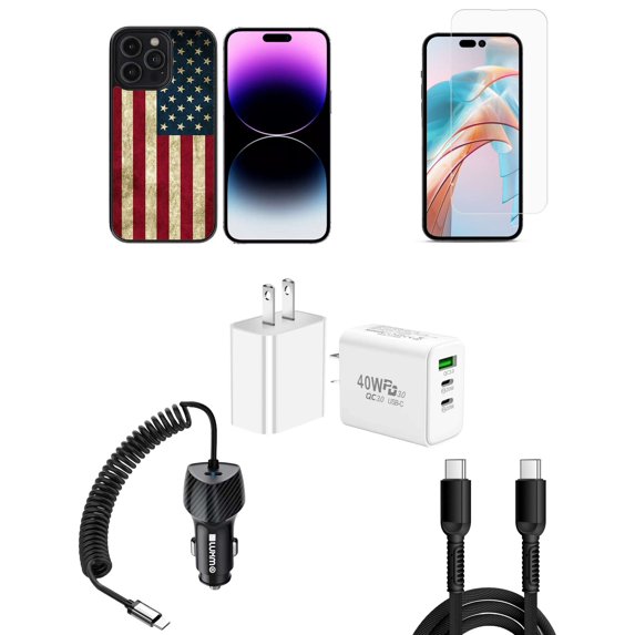 Bemz Phone Case for iPhone 15 Pro Bundle with Shockproof Anti-Scratch UV Print Protection TPU Cover, Glass Screen Protector, Car Charger, Wall Charger, USB-C Cable (Rustic American Flag)