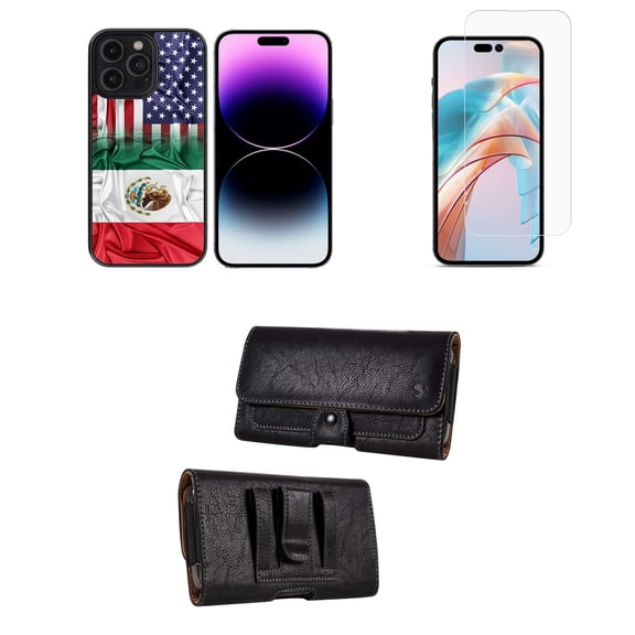 Bemz Phone Case for iPhone 15 Pro Bundle with Shockproof Anti-Scratch UV Print Protection TPU Cover, Glass Screen Protector, Horizontal PU Leather Belt Holster Pouch (Mexican American Flag)