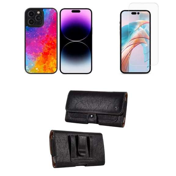 Bemz Phone Case for iPhone 15 Pro Bundle with Shockproof Anti-Scratch UV Print Protection TPU Cover, Glass Screen Protector, Horizontal PU Leather Belt Holster Pouch (Galaxy Splash)