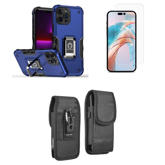 Bemz Phone Case for iPhone 15 Pro with Camera Protection Heavy Duty Magnetic Kickstand Cover, Glass Screen Protector, Vertical Rugged Nylon Belt Holster Pouch (Cobalt Blue)