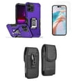 thumbnail image 1 of Bemz Phone Case for iPhone 15 Pro with Camera Protection Heavy Duty Magnetic Kickstand Cover, Glass Screen Protector, Vertical Rugged Nylon Belt Holster Pouch (Dark Purple), 1 of 9