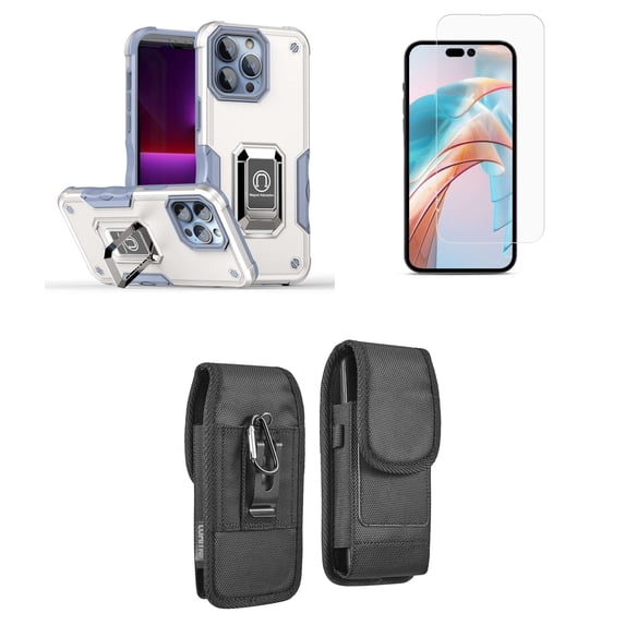 Bemz Phone Case for iPhone 15 Pro with Camera Protection Heavy Duty Magnetic Kickstand Cover, Glass Screen Protector, Vertical Rugged Nylon Belt Holster Pouch (Titanium White)