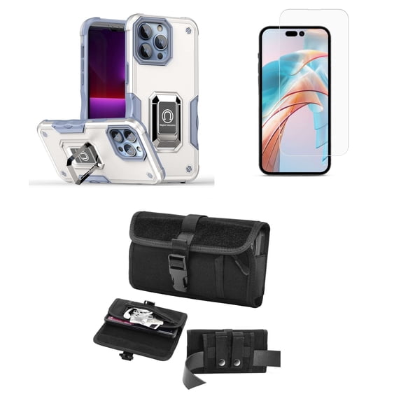 Bemz Phone Case for iPhone 15 Pro with Camera Protection Heavy Duty Magnetic Kickstand Cover, Screen Protector, Horizontal Buckle Belt Holster Travel Pouch (Titanium White)