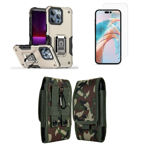 Bemz Phone Case for iPhone 15 Pro with Camera Protection Heavy Duty Magnetic Kickstand Cover, Screen Protector, Vertical Nylon Belt Holster Pouch (Titanium Gold/Jungle Camo)