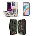 thumbnail image 1 of Bemz Phone Case for iPhone 15 Pro with Camera Protection Heavy Duty Magnetic Kickstand Cover, Screen Protector, Vertical Nylon Belt Holster Pouch (Titanium Gold/Jungle Camo), 1 of 9