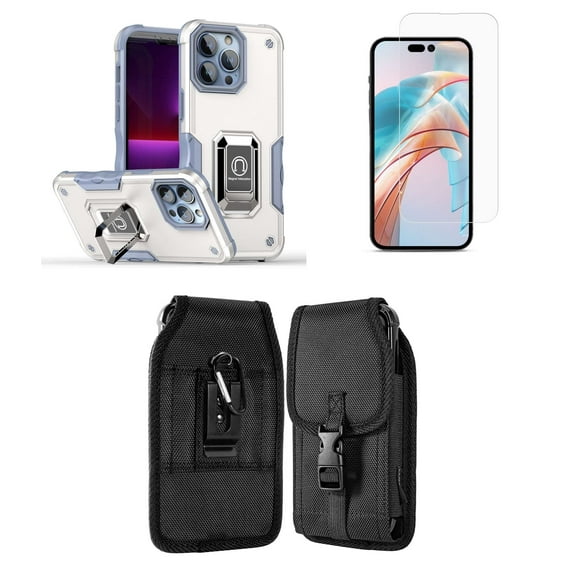 Bemz Phone Case for iPhone 15 Pro with Camera Protection Heavy Duty Magnetic Kickstand Cover, Screen Protector, Vertical Release Buckle Belt Holster Pouch (Titanium White)