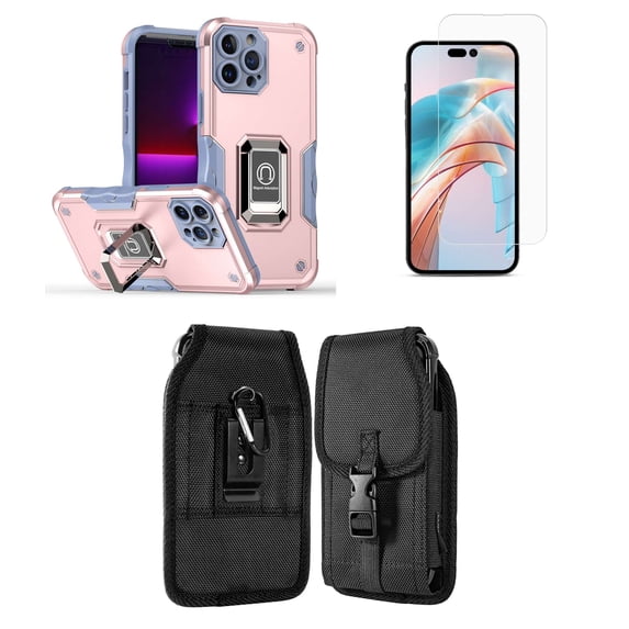 Bemz Phone Case for iPhone 15 Pro with Camera Protection Heavy Duty Magnetic Kickstand Cover, Screen Protector, Vertical Release Buckle Belt Holster Pouch (Titanium Pink Gray)