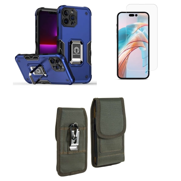Bemz Phone Case for iPhone 15 Pro with Camera Protection Heavy Duty Magnetic Kickstand Cover, Screen Protector, Vertical Rugged Nylon Belt Holster Pouch (Cobalt Blue/Green)