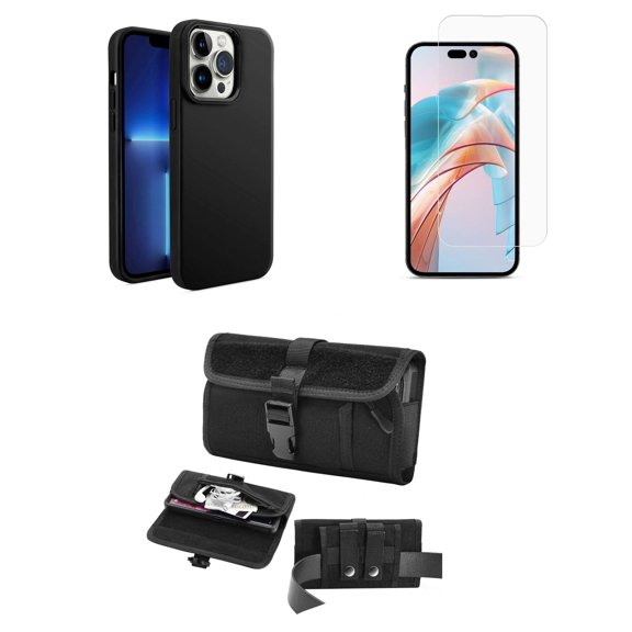 Bemz Phone Case for iPhone 15 Pro - Liquid TPU Silicone (Metal Buttons/Camera Edges) Protection Cover, Screen Protector, Horizontal Secure Buckle Belt Holster Travel Pouch (Black)