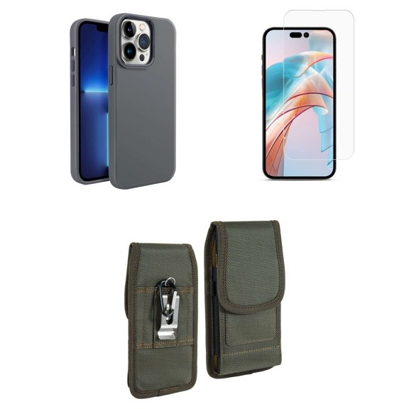 Bemz Phone Case for iPhone 15 Pro - Liquid TPU Silicone (Metal Buttons/Camera Edges) Protection Cover, Screen Protector, Vertical Rugged Nylon Belt Holster Pouch (Gunmetal Gray)