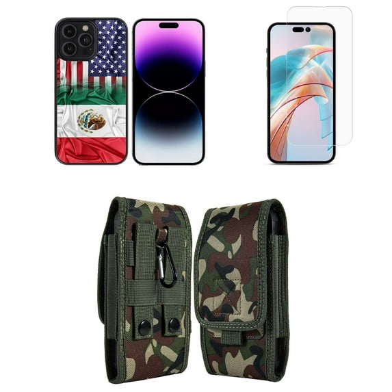 Bemz Phone Case for iPhone 15 Pro Max Bundle with Lightweight Shockproof Scratch Resistant UV Print Protective TPU Cover, Screen Protector, Vertical Nylon Belt Holster Pouch (Mexican American Flag)