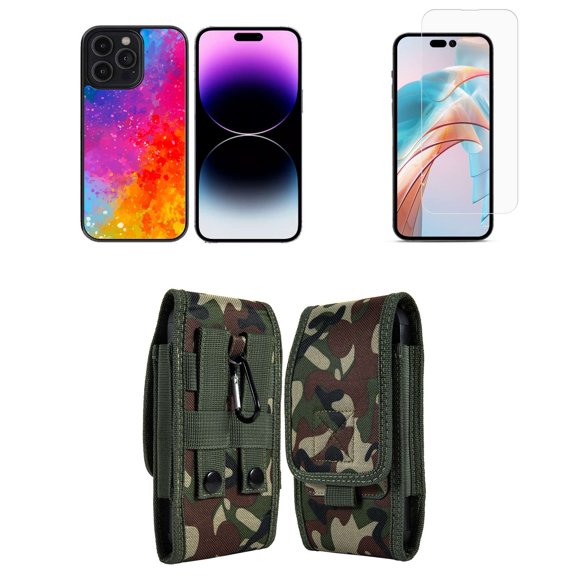 Bemz Phone Case for iPhone 15 Pro Max Bundle with Lightweight Shockproof Scratch Resistant UV Print Protective TPU Cover, Screen Protector, Vertical Nylon Belt Holster Pouch (Galaxy Splash)