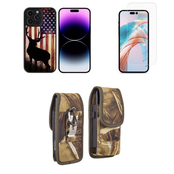 Bemz Phone Case for iPhone 15 Pro Max Bundle with Lightweight Shockproof Scratch Resistant UV Print Protective TPU Cover, Screen Protector, Vertical Nylon Belt Holster Pouch (American Deer)