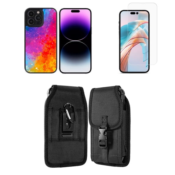 Bemz Phone Case for iPhone 15 Pro Max Bundle with Lightweight Shockproof Scratch Resistant UV Print Protective TPU Cover, Screen Protector, Vertical Release Buckle Belt Holster Pouch (Galaxy Splash)