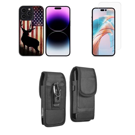 Bemz Phone Case for iPhone 15 Pro Max Bundle with Shockproof Anti-Scratch UV Print Protection TPU Cover, Glass Screen Protector, Vertical Rugged Nylon Belt Holster Pouch (American Deer)